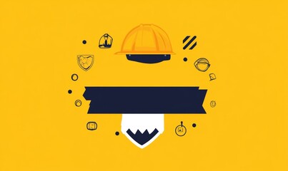 A Yellow Hard Hat Centered on a Mustard Yellow Background Surrounded by Small Black Outline Construction Icons and a Dark Blue Banner Perfect for Construction Safety Campaigns and Awareness Programs