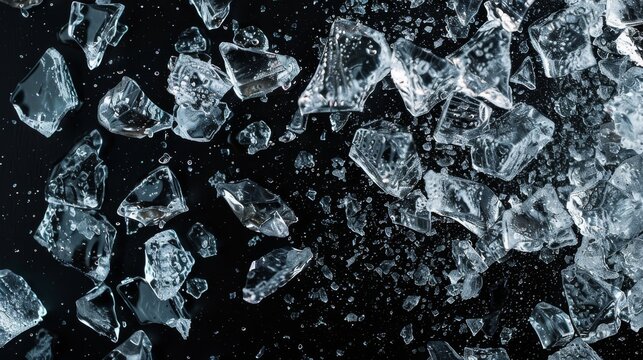 Ice, crushed on a black background. Pieces of crushed ice spread away. Crushing of the ice.