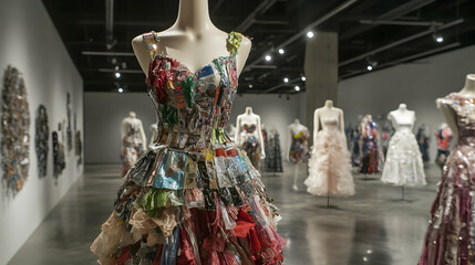 Recycled material fashion exhibit highlighting sustainable wearable designs