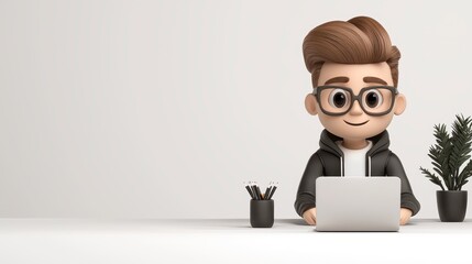 3D Cartoon Boy Working on Laptop