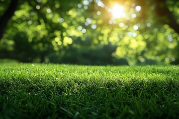 Fototapeta premium Blurred Background of Lush Green Grass in the Park on a Sunny Day, Ideal for Banner with Copy Space.
