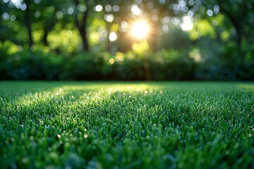 Naklejka premium Blurred Background of Lush Green Grass in the Park on a Sunny Day, Ideal for Banner with Copy Space.