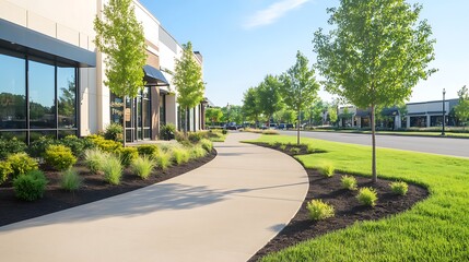 A sunny commercial sidewalk lined with trees and colorful landscaping.