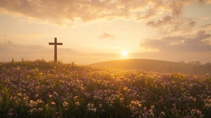 Spring. Renewal & Resurrection. Rolling hills covered in mist and blossoms lead to a solitary cross in the distance.
