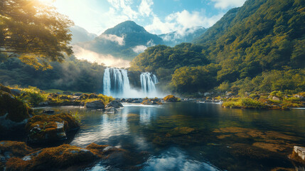 A majestic waterfall in autumn forest light of sunrise, mist rising from the lush jungle, cinematic look