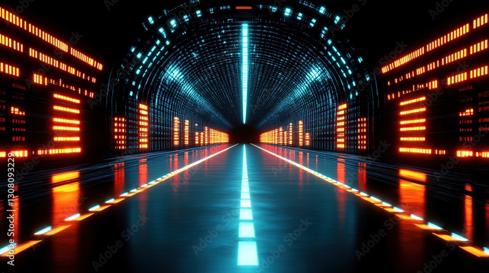 Poster futuristic highway tunnel; neon lights; data center background; tech presentation