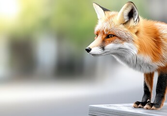 Fototapeta premium Realistic close-up of a red fox standing confidently on a stack of newspapers in a natural outdoor environment
