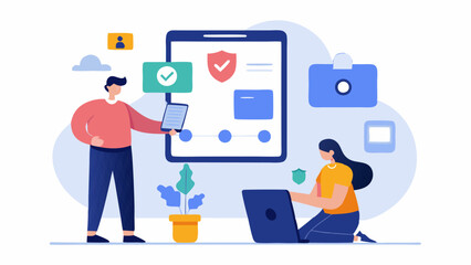 Security App Setup A consultant assisting a client in downloading and setting up a cybersecurity application on their devices with playful illustrations of security features.