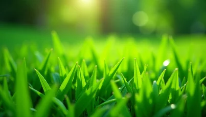 Sierkussen Nagelstudio Close up of dewy green grass blades in a beautifully manicured garden, green, garden  © DITSARAPHAN