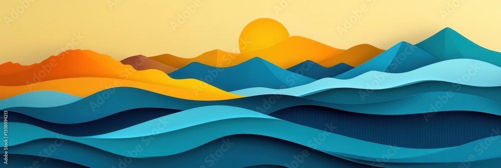 Poster vibrant paper art landscape with rolling waves, mountains, and a warm sun in dynamic gradient colors
