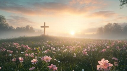 Spring. Renewal & Resurrection. A faith-inspired scene of nature, featuring a cross on a hill beneath a glowing sky.
