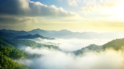 Fototapeta premium Beautiful foggy mountain range at sunrise with atmospheric lighting