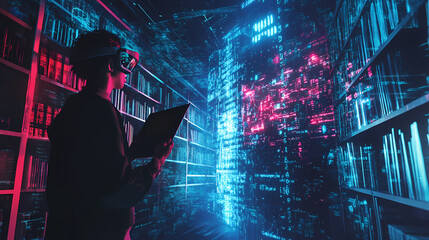 Explore innovative business strategies with holographic technology empowering visionary decision-making. Visionary - Library. Illustration