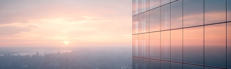 Fototapeta premium City skyline at sunrise reflected in glass building windows.