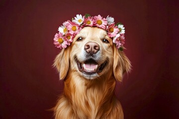 Cute baby dog norwegian elkhound wearing fierce flower crown on its head - symbol of sunny vacation time. Professional studio graphic. Isolated orange background, copy space, digital ads conce.