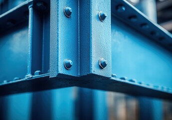 Close-Up of Industrial Blue Steel Structure with Rivets and Fasteners Highlighting Precision Engineering and Construction Details