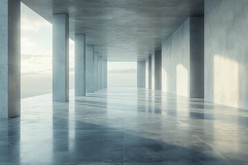 3D render of empty room with concrete walls and pillars, light coming from the left side, minimalist design, industrial style.