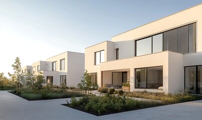Modern white houses with large windows and landscaped gardens under a clear sky.