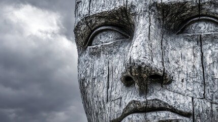 A Close Up of a Weathered Wooden Sculpture Against a Dramatic Sky