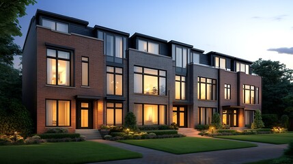 Obraz premium Modern townhouse buildings illuminated at dusk, showcasing contemporary architecture and landscaped surroundings.
