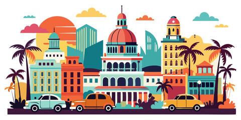 Fototapeta premium Havana, Cuba – A lively, tropical skyline with vintage cars, El Capitolio, and colorful colonial buildings in rich oranges, pinks, and teals