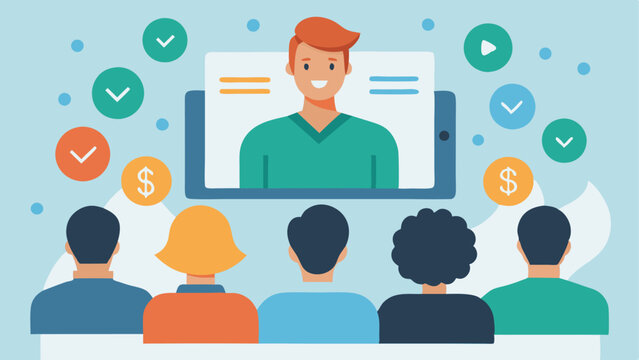 Online Workshop A vector of an enthusiast audience attending an online workshop led by a strategist focused on content monetization tips displayed on their screens.