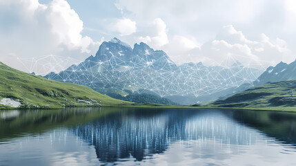 Fototapeta premium A calm, reflective mountain lake with an intricate digital network overlay, symbolizing the harmonious blend of nature and innovation in modern society. Harmonious - Meadow. Illustration