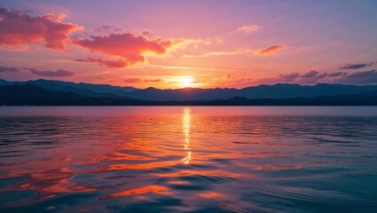 Obraz premium Scenic Sunset Over Calm Lake with Mountain Silhouette, Serene Nature Landscape background