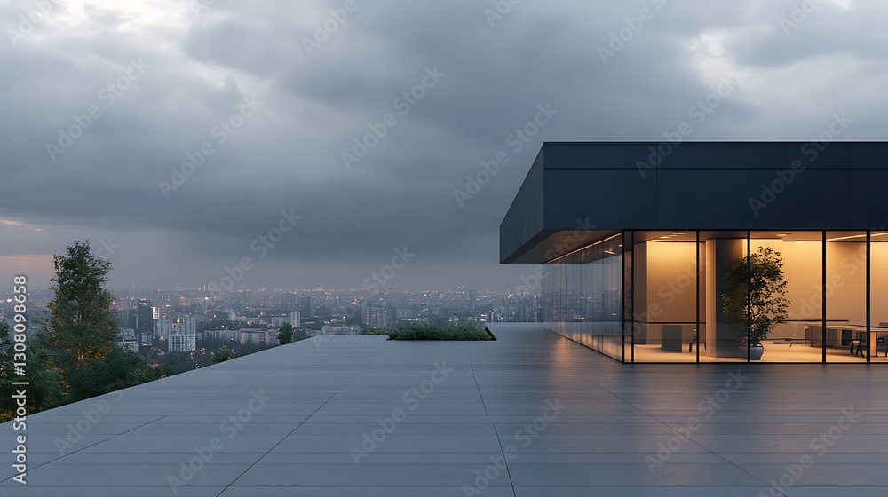 Poster modern architecture with a sleek design overlooking a cityscape under a moody sky.