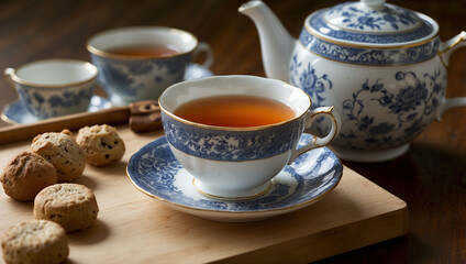 A tea set with a teapot and cups sits on a wooden tray, cookies are scattered around. The set has blue floral patterns.