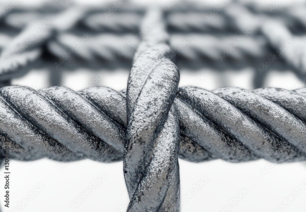Poster close-up of metallic twisted rope material with textured surface for industrial applications and des