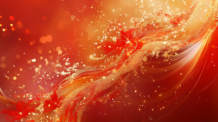 A harmonious blend of red and gold tones with swirling particles and elegant lines evoking the spirit of the spring festival. Harmonious - Meadow. Illustration
