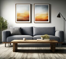 Cozy modern living room interior with stylish grey couch and minimalist art on the wall