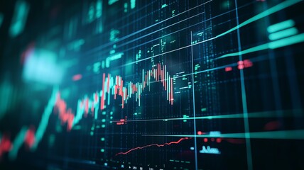 dark blue background showing stock market graph with candlesticks and trend analysis
