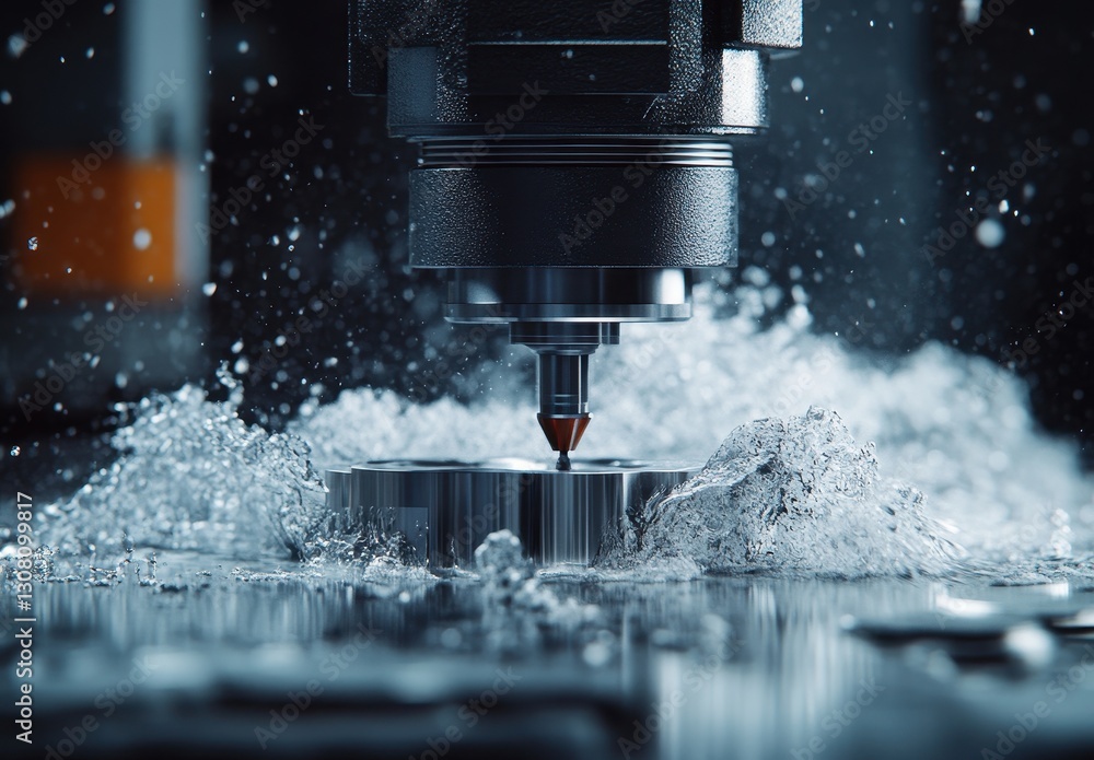 Aufkleber close-up of precision cnc machine cutting water-splashing metal component under bright lights in mod