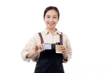 Portrait happiness young asian woman wearing apron holding credit card isolated white background, barista or waitress showing debit card for purchase or shopping online and payment, small business.