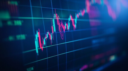 financial data on screen with candlesticks and lines, dark blue theme