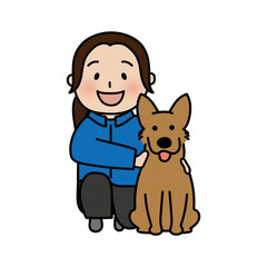 一緒に座っている女性ドッグトレーナーと立ち耳わんちゃん