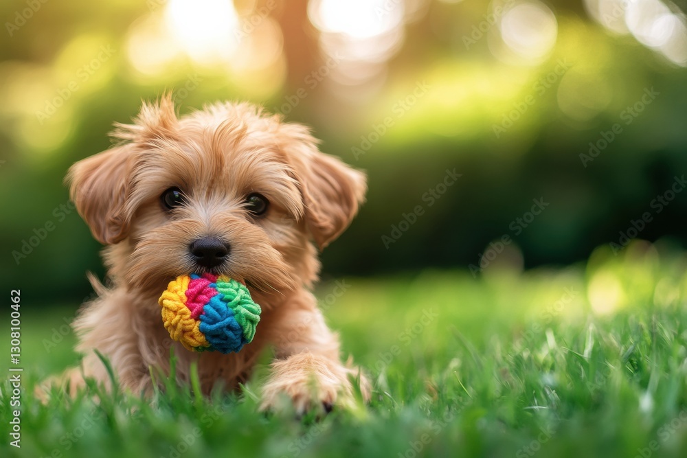 Poster Playful puppy enjoying a colorful chew toy on lush grass in gentle natural light during a sunny day Generative AI