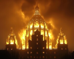 Fototapeta premium Bright orange and yellow flames erupt from the windows of a tall building in the city, sending thick black smoke billowing into the sky as firefighters rush to the scene.