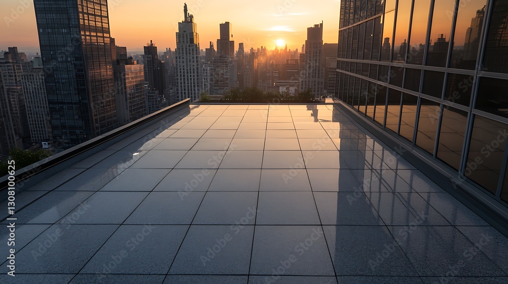 Poster rooftop view of a city skyline at sunset with reflective surfaces and modern architecture.