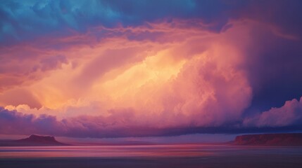 Fototapeta premium Dramatic Sunset Over Vast Landscape with Colorful Clouds and Horizon