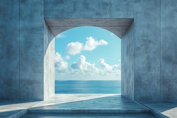 Abstract concrete room with detailed texture, blue sky background, and architectural concept, modern design, minimalism, clean lines.