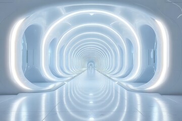 Naklejka premium Abstract futuristic empty white corridor with glowing lines and geometric shapes.