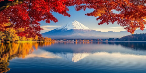 Majestic Mount Fuji reflected in serene lake surrounded by vibrant autumn foliage. scene captures beauty of nature in tranquil setting