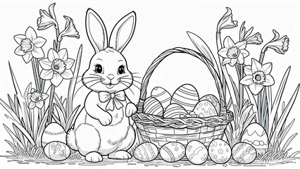 Easter bunny with Easter egg basket and spring flowers coloring page; black and white Easter illustration 