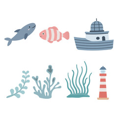 Naklejka premium Sea Ocean Beach Marine Elements Set of Shark Whale Fish Ship Plant Seaweed Lighthouse Tower