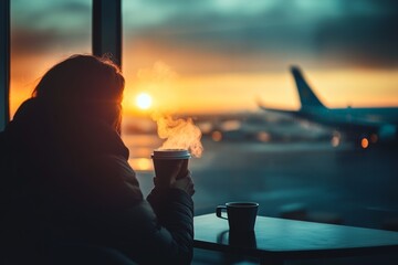 Silhouette Of A Person At Airport Watching Airplane During Sunset, Warm Drink In Hand Perfect For Travel And Departure Concept. A Person's Silhouette At The Airport During Sunset.  A Traveling Person