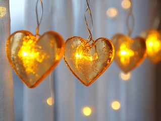 Heart string lights on sheer curtains