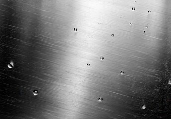 Obraz premium Close-Up of Water Droplets on Brushed Metal Surface with Reflections and Textures in a Monochrome Aesthetic for Modern Design Use
